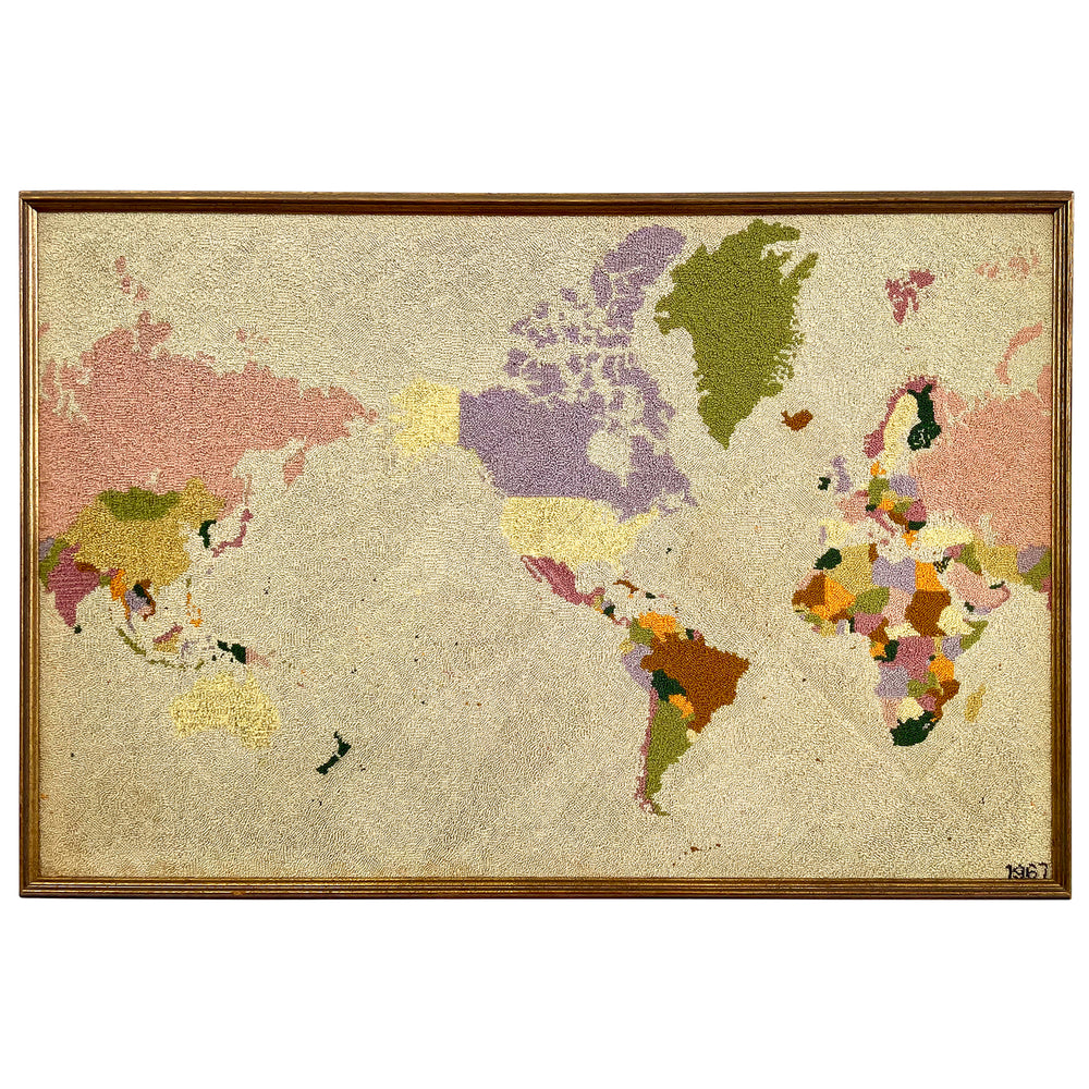 1960s Framed Needlepoint World Map