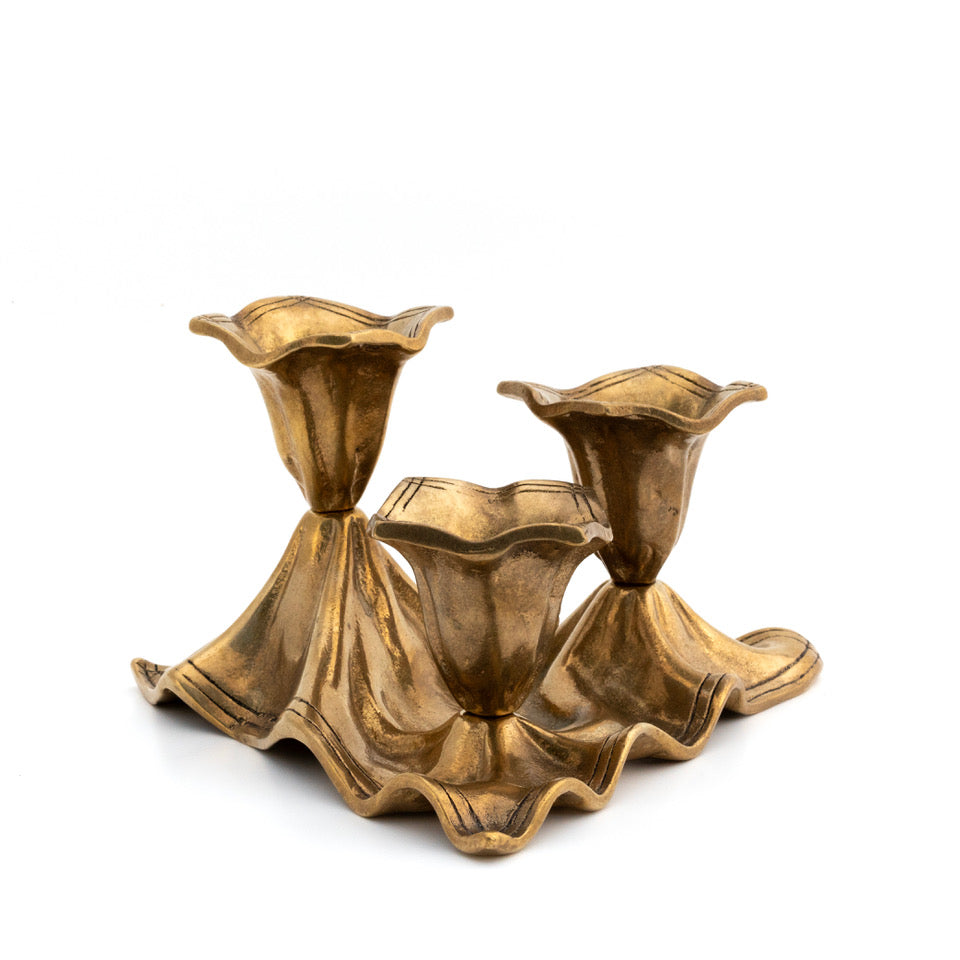 Vintage Brass Handkerchief Three Light Candle Holder