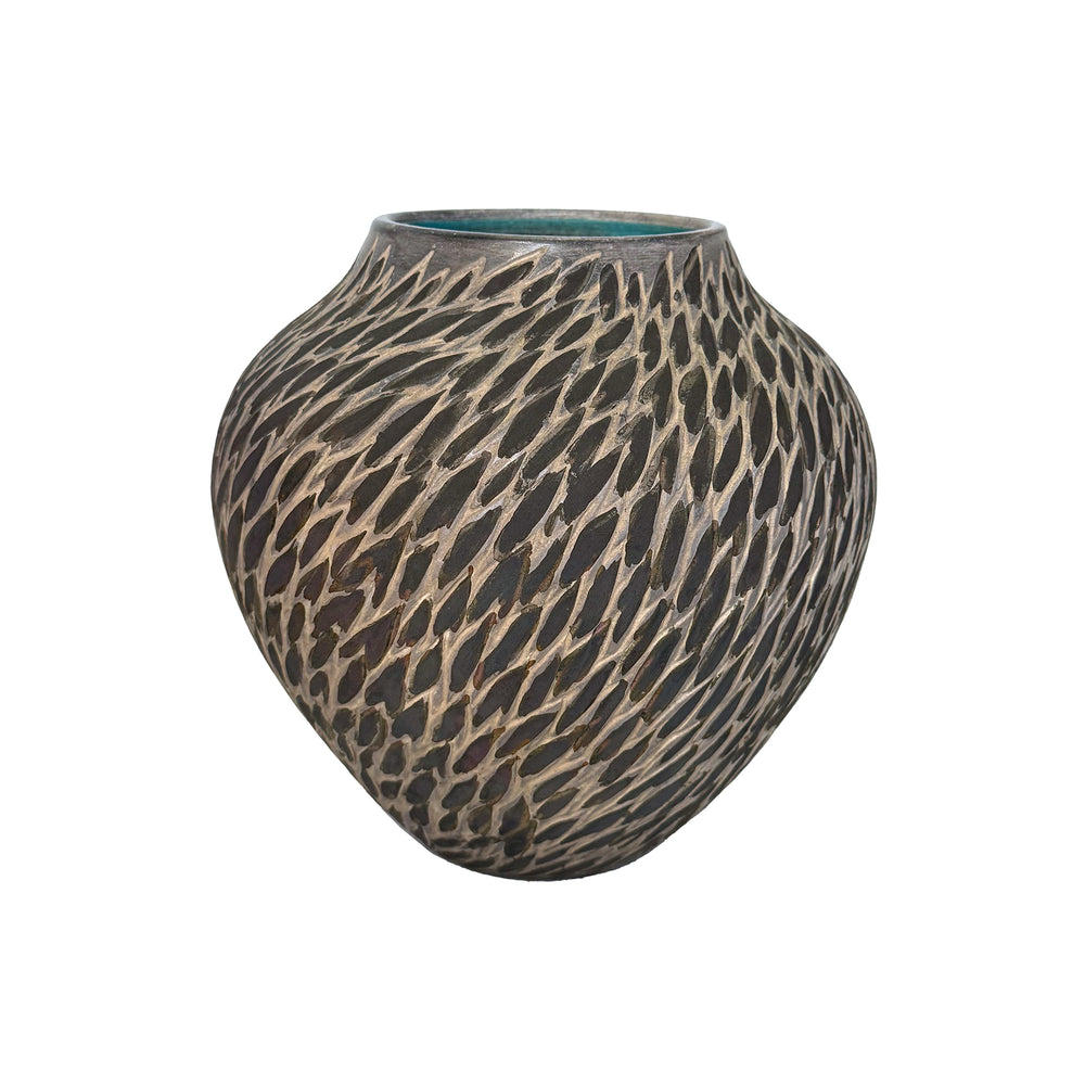 Bulbous Studio Ceramic Vase with Etched Decoration