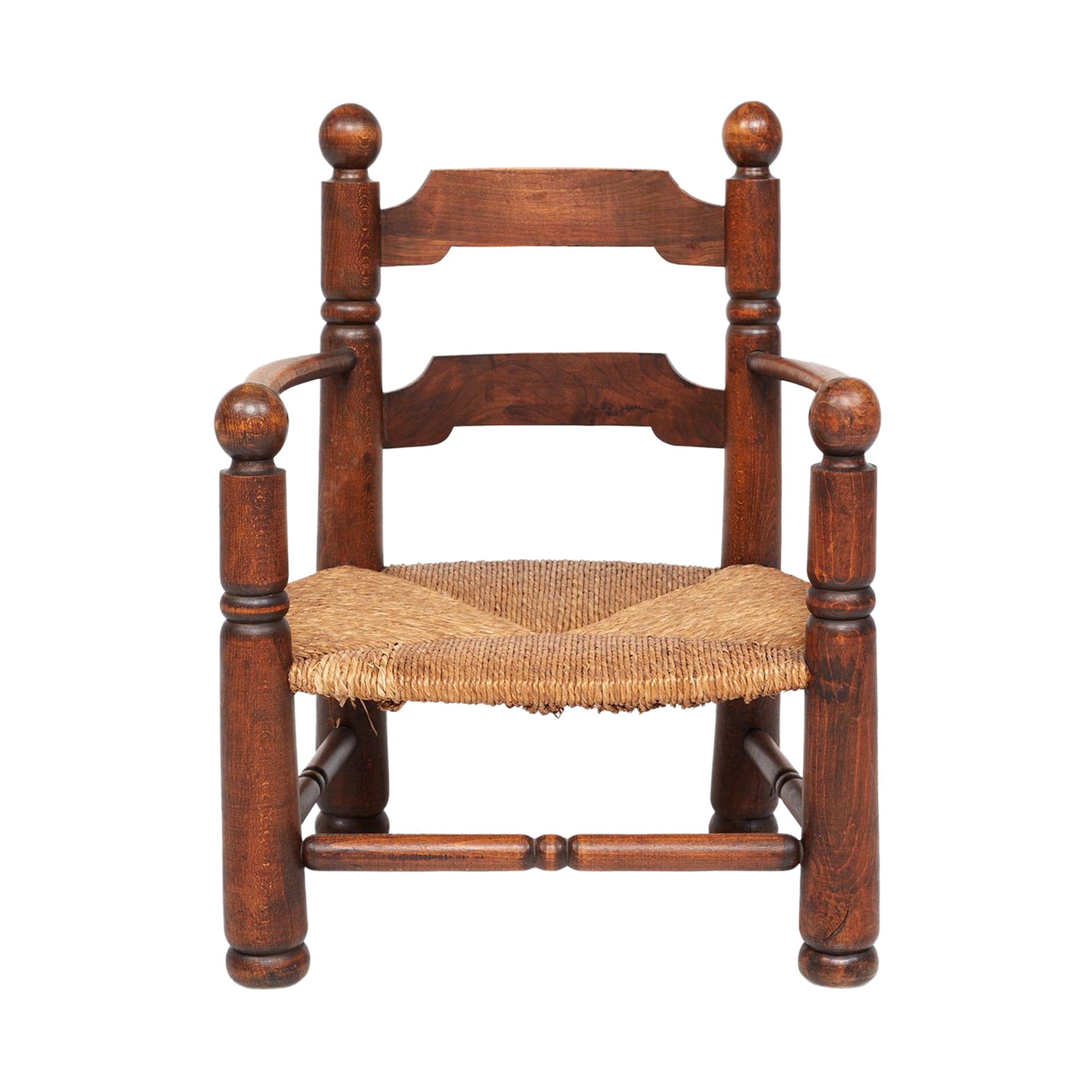 Pair of French Low Woven Rush & Turned Oak Armchairs by Charles Dudouyt