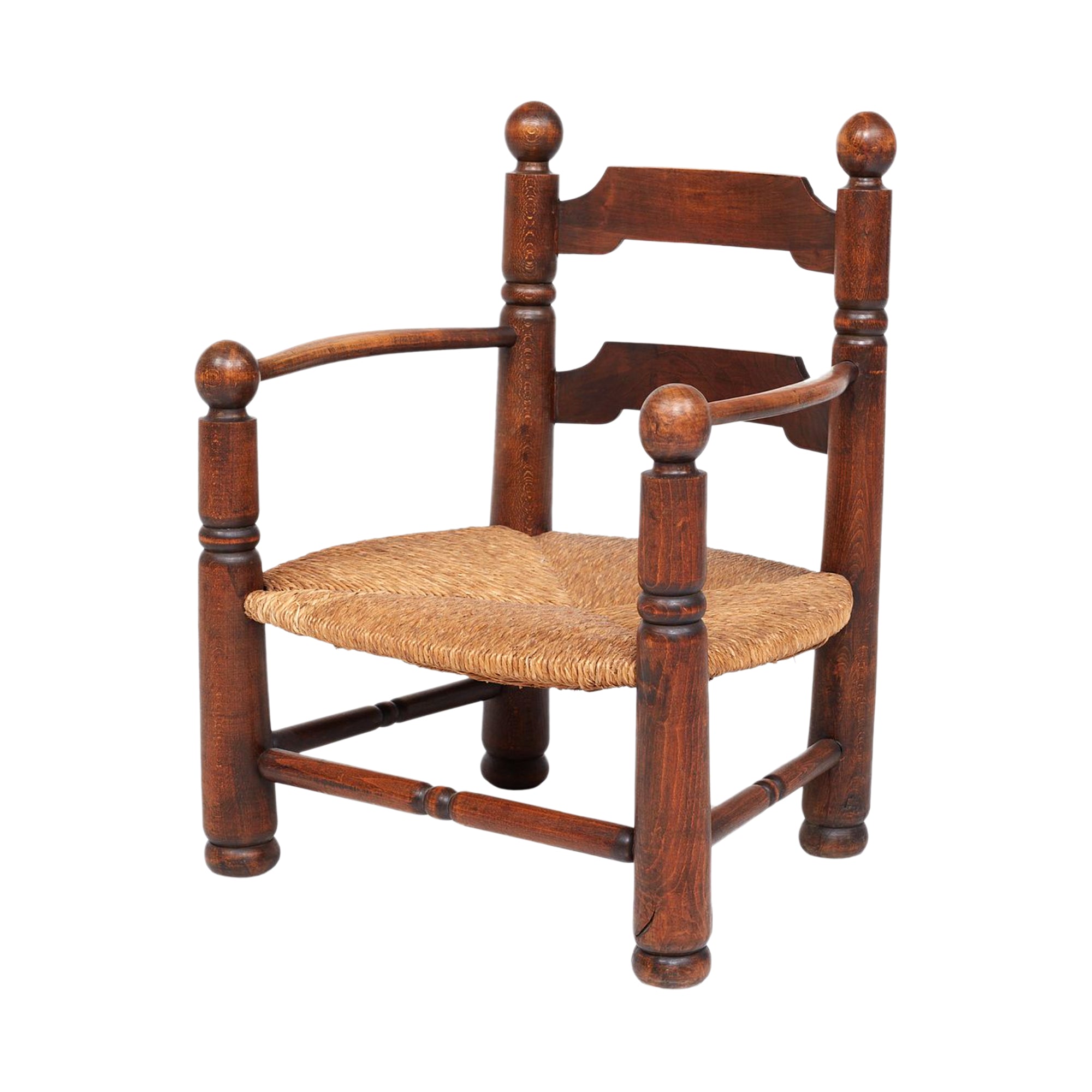 Pair of French Low Woven Rush & Turned Oak Armchairs by Charles Dudouyt