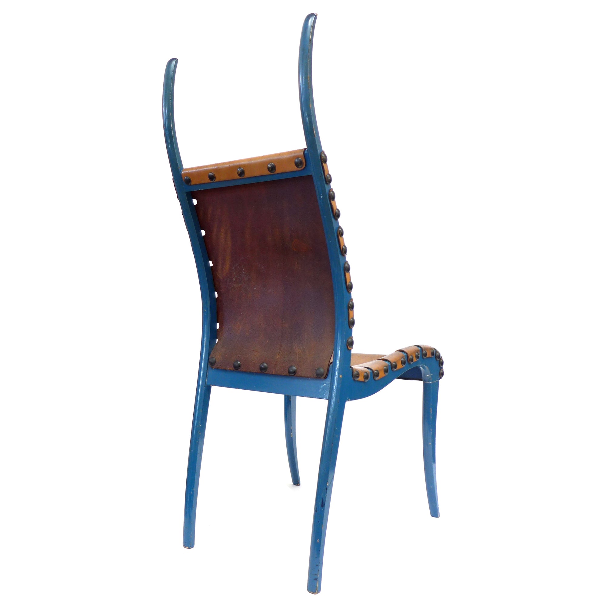Italian Leather & Blue-Lacquered Wood "Horn" Chair