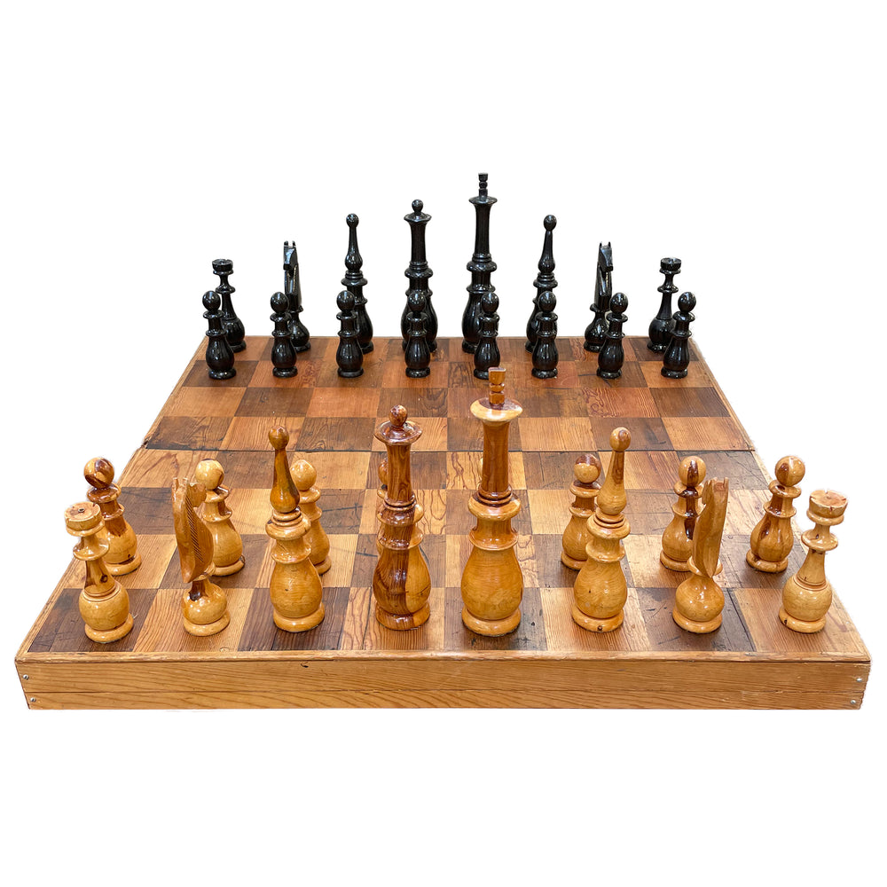 Oversized Carved Wood Chess Set with Hinged Board-Box