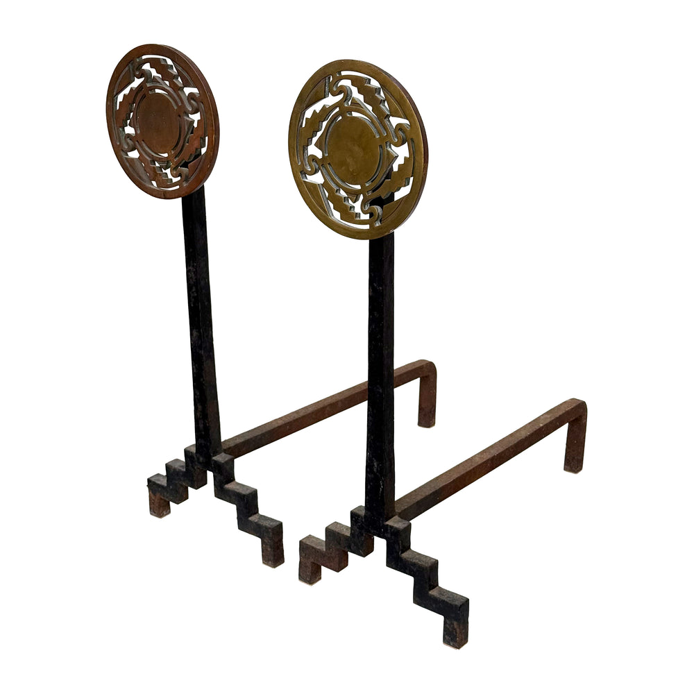 Pair of Sculptural Iron & Brass Andirons