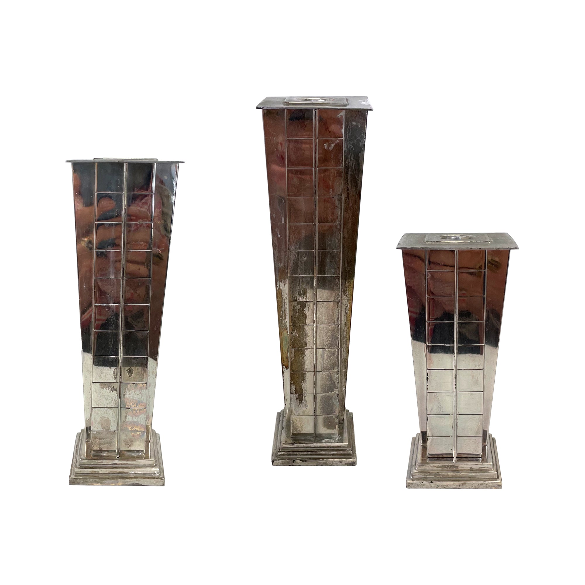 Set of 3 Modernist Silver Plate Candlesticks by Kirk Stieff