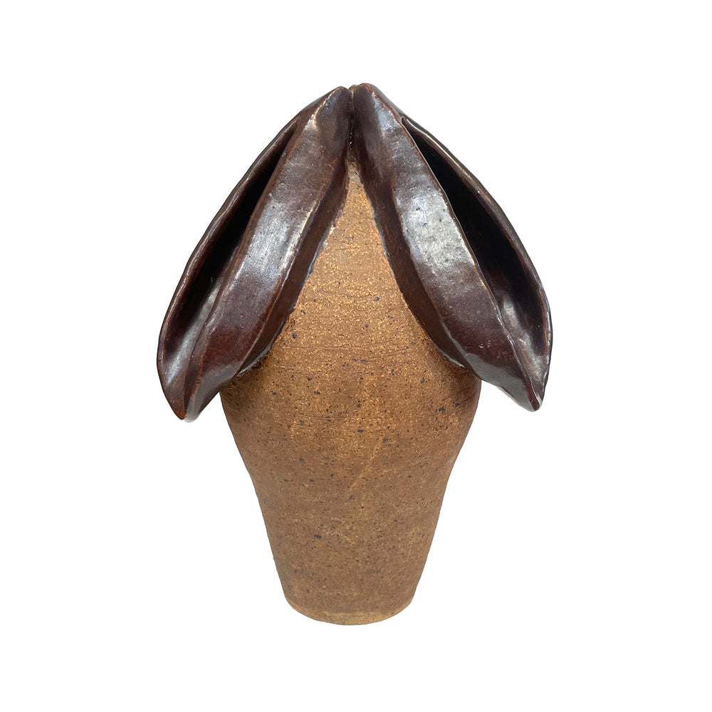 Studio Ceramic Biomorphic Triple Opening Partially-Glazed Terra Cotta Vase