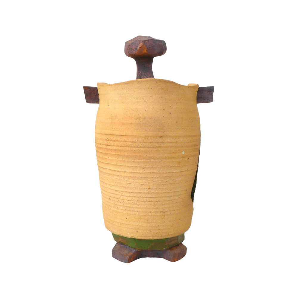 Studio Ceramic Lidded Vessel with Green Fracture by Yukio Onaga