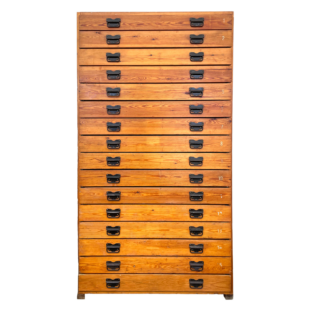 1940s Danish 16-Drawer Pine Specimen Cabinet