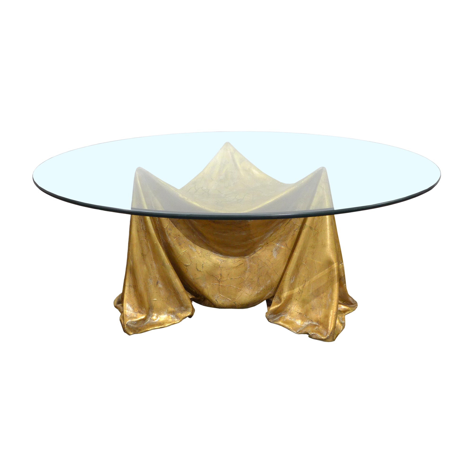 Trompe L'oeil Glass Top Gilt Cast Plaster Drapery Coffee Table