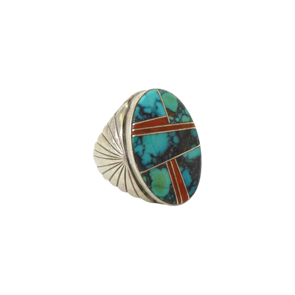 1970s Sterling Navajo Ring With Geometric Mixed Stone