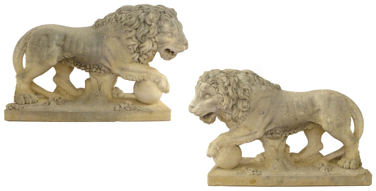 Pair of Carved Limestone Lion Statues