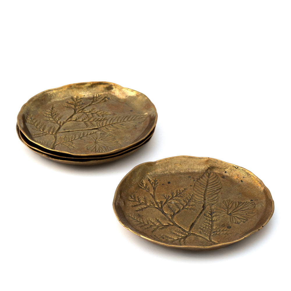 Set of Four European Brass Coasters with Leaf Imprints