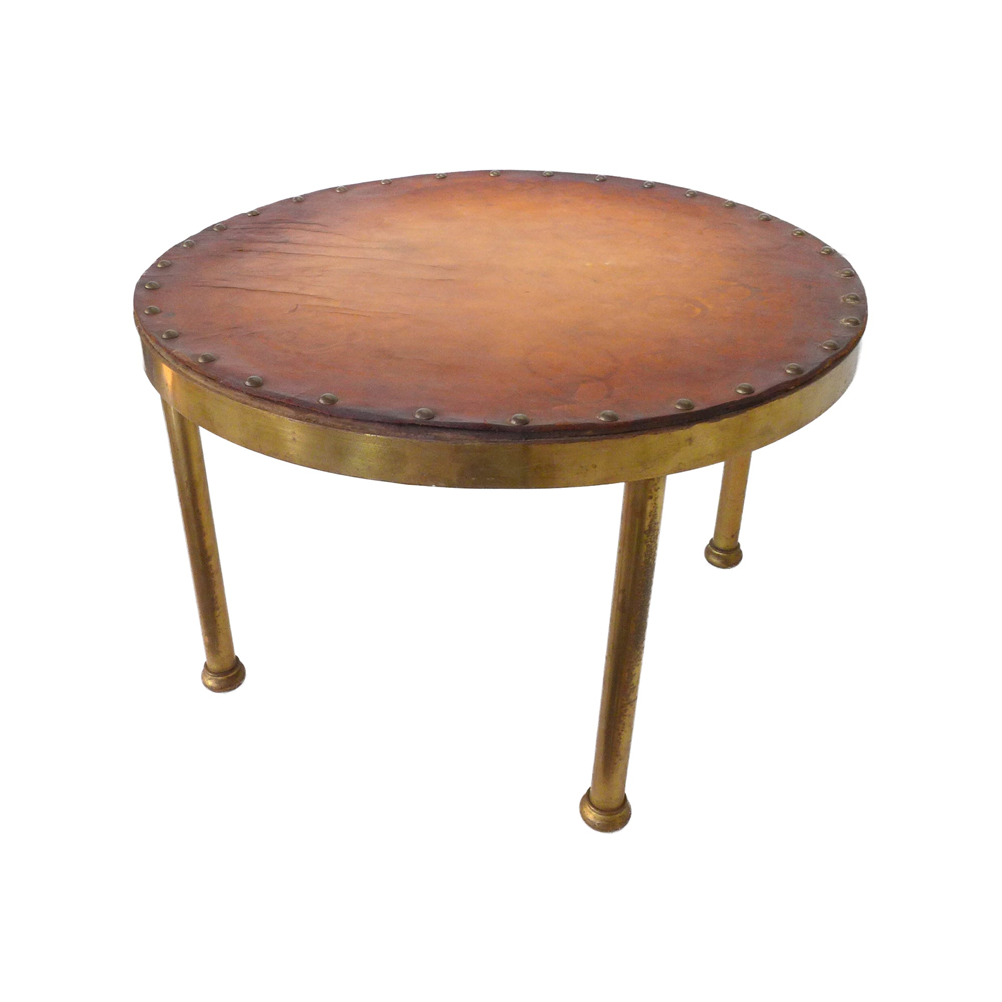 Round Brass & Studded Leather Side Table