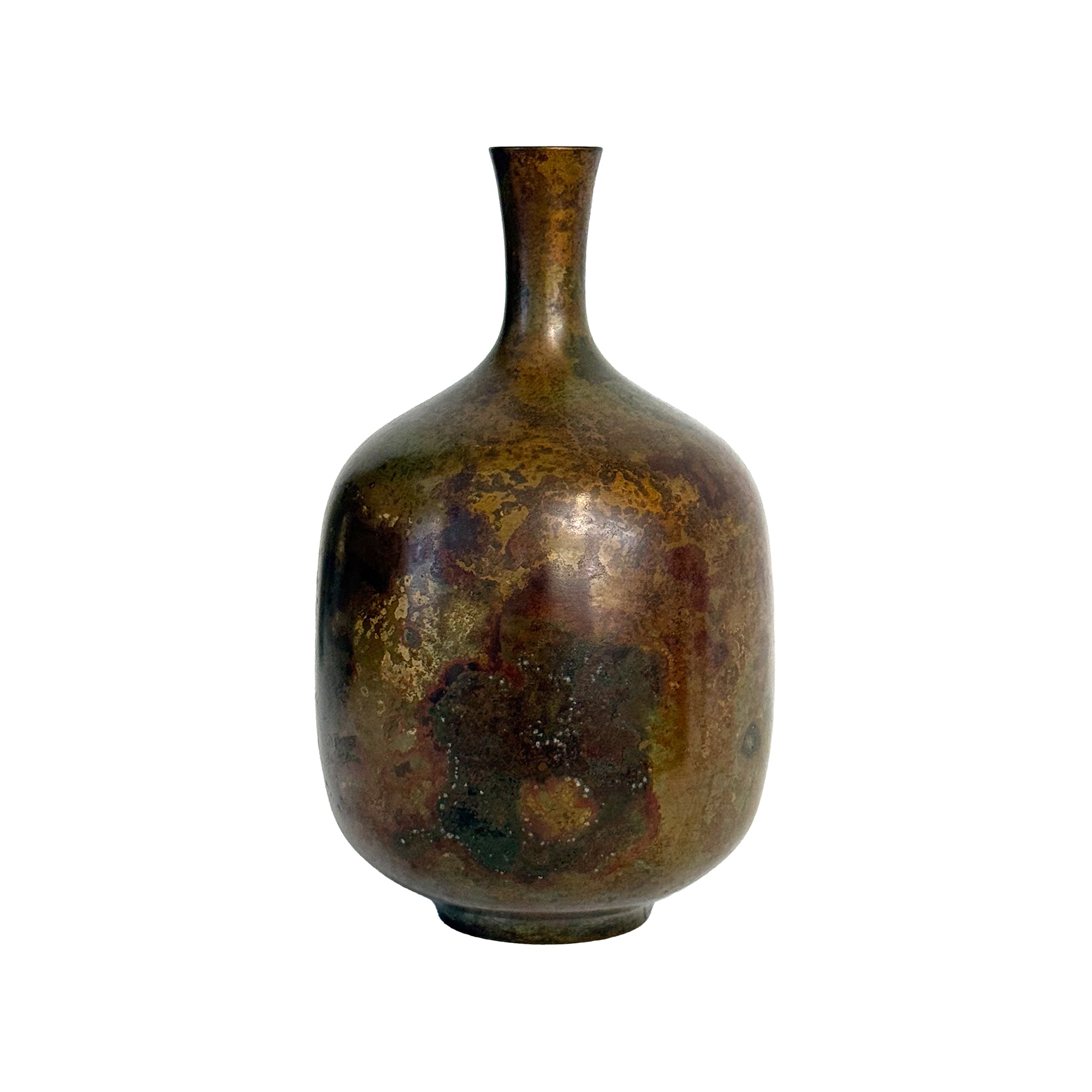 Bulbous Japanese Bronze Vase with Applied Patina
