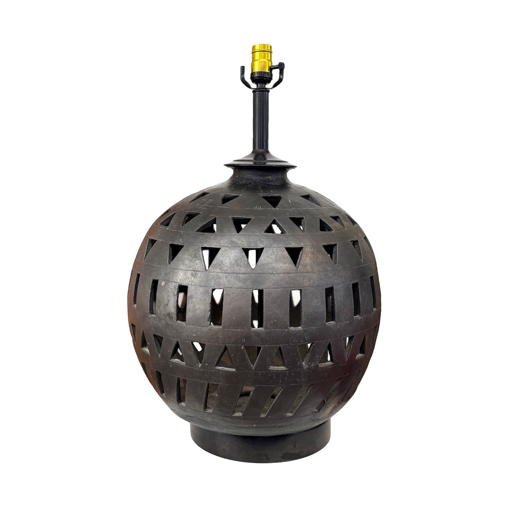 Bulbous Oaxacan Ceramic Table Lamp with Geometric Cutouts