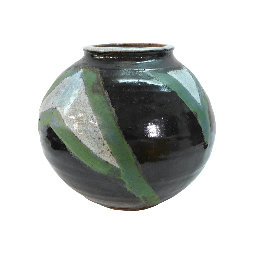 Bulbous Studio Ceramic Vase with Geometric Glaze