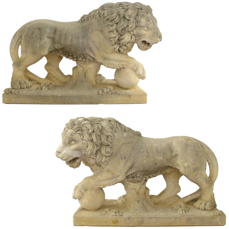 Pair of Carved Limestone Lion Statues