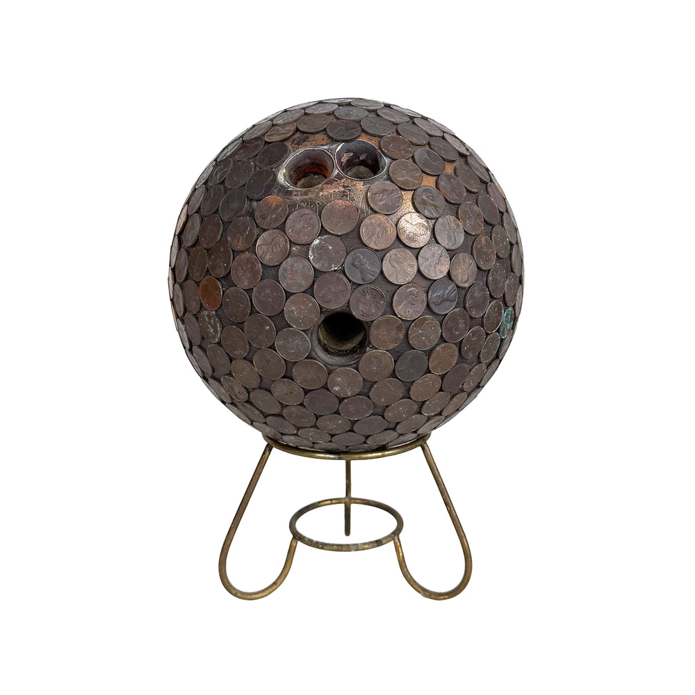 Folk Art Penny Encrusted Bowling Ball on Stand