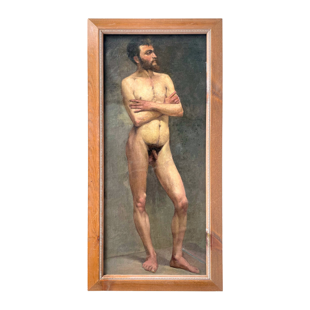 1930s Framed Male Nude Oil Painting on Board