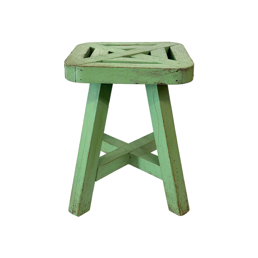 Geometric Wood Stool with Original Green Paint