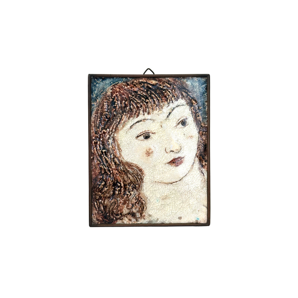 German Glazed Ceramic Portrait in Brass Frame