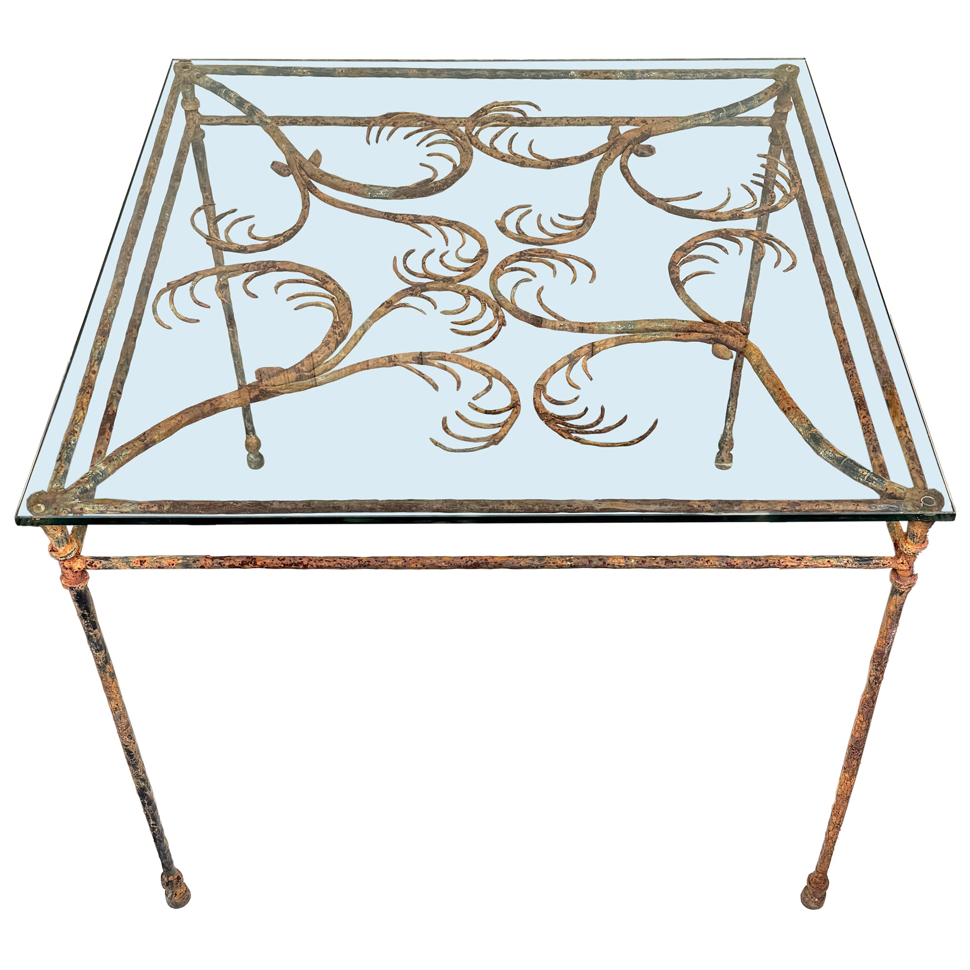 Wrought Iron & Glass Outdoor Dining Table with Phylomorphic Motif