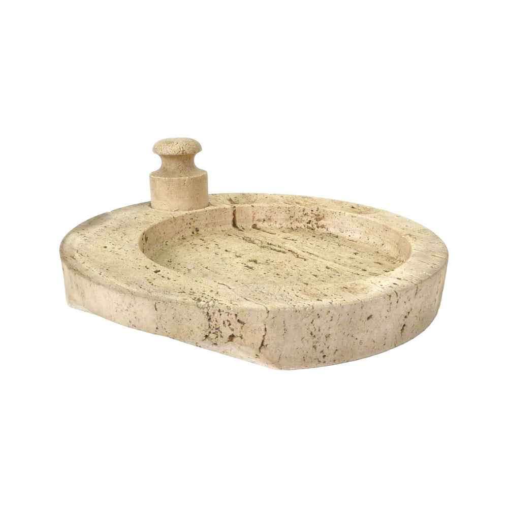 Italian Round Travertine Catch-All or Ashtray with Stamper