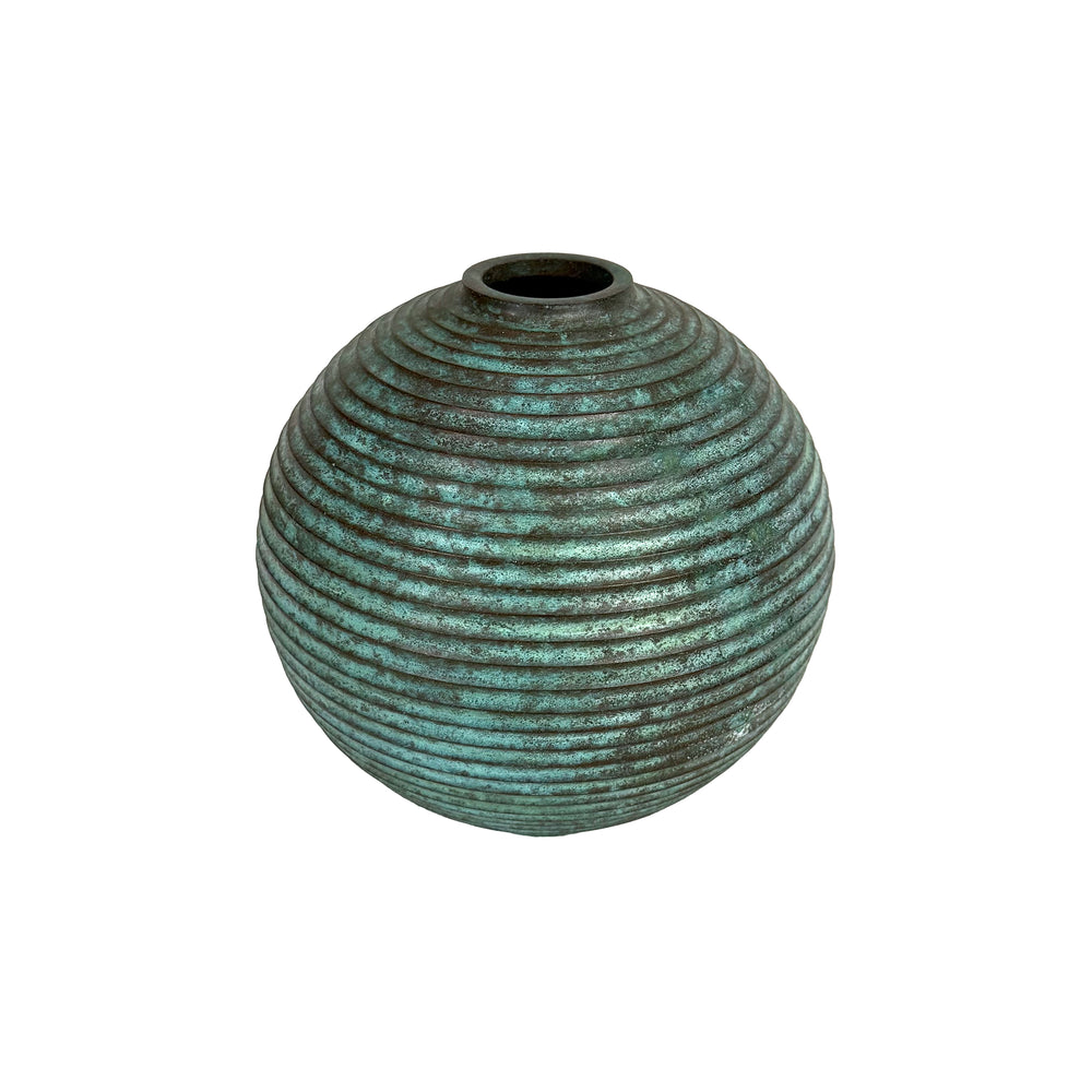 Japanese Bronze Ribbed Sphere Bud Vase with Applied Patina