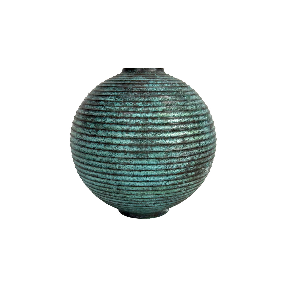 Japanese Bronze Ribbed Sphere Bud Vase with Applied Patina