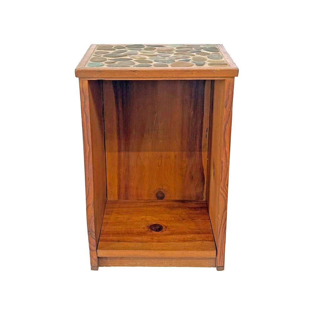 Japanese Pine Bathhouse Table with Inlaid Stone Top