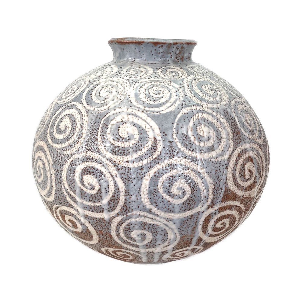 Japanese Studio Ceramic Spherical Vase with Spirals