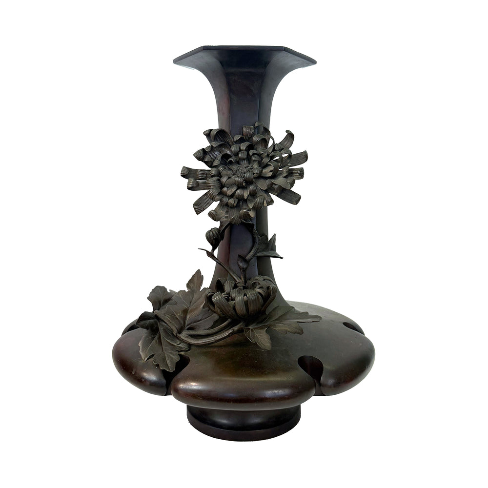Large Japanese Bronze Vase with Applied Flowers