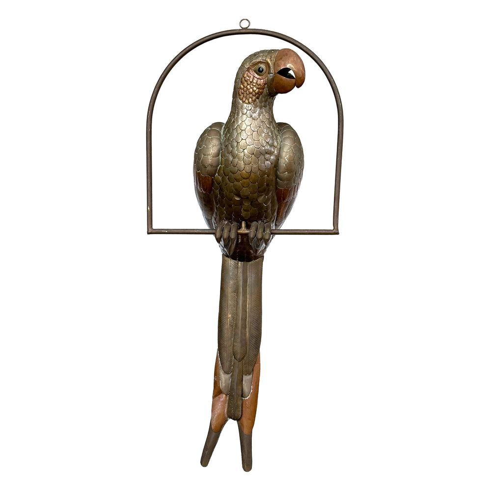Large Mexican Mixed Metal Parrot on Hanging Perch Sculpture by Sergio Bustamante