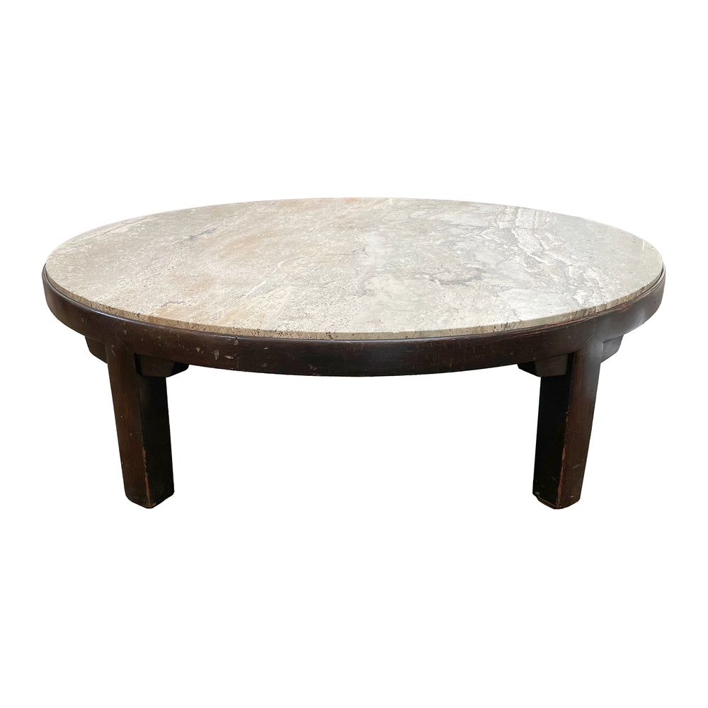 Large Round Travertine & Wood Coffee Table by Dunbar