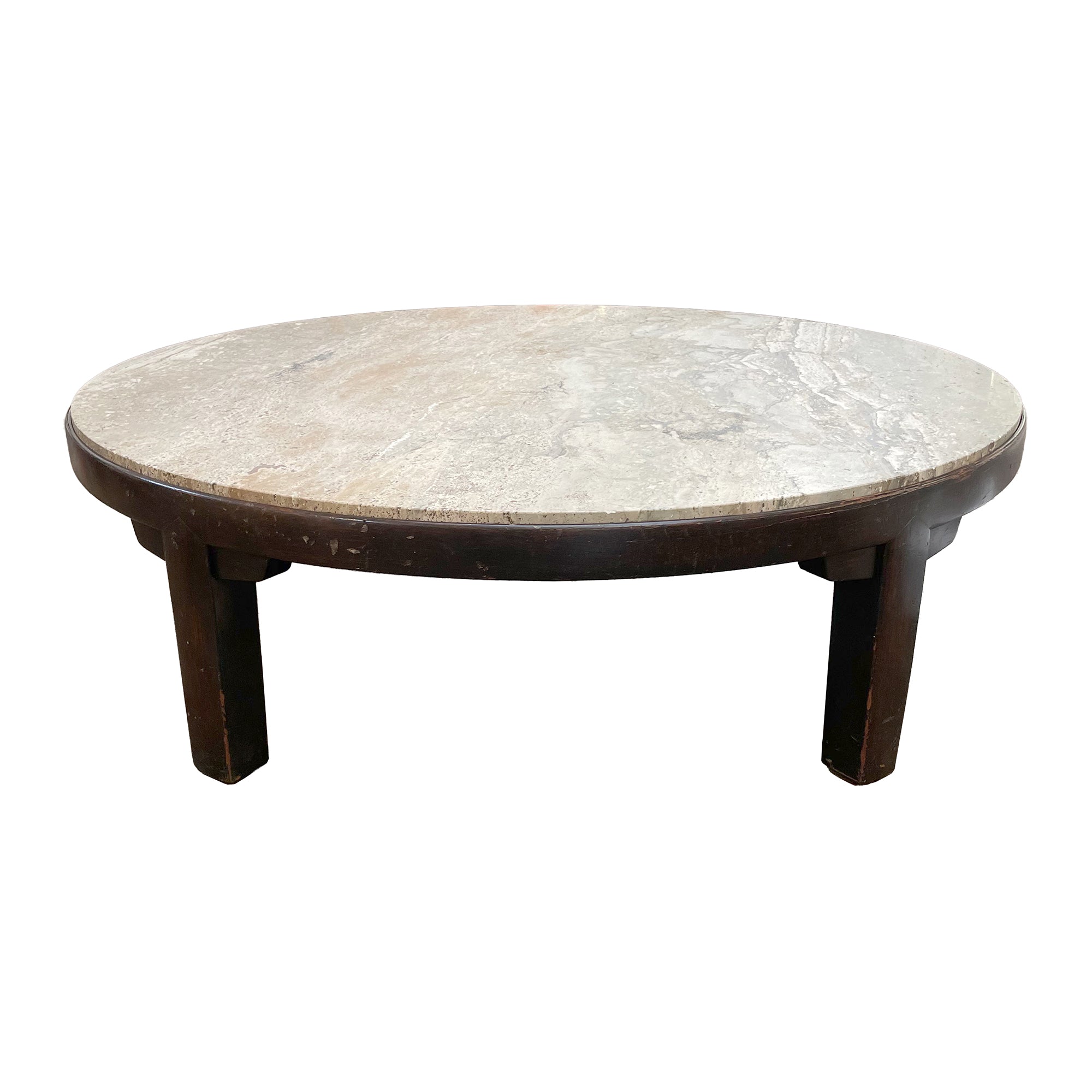 Large Round Travertine & Wood Coffee Table by Dunbar