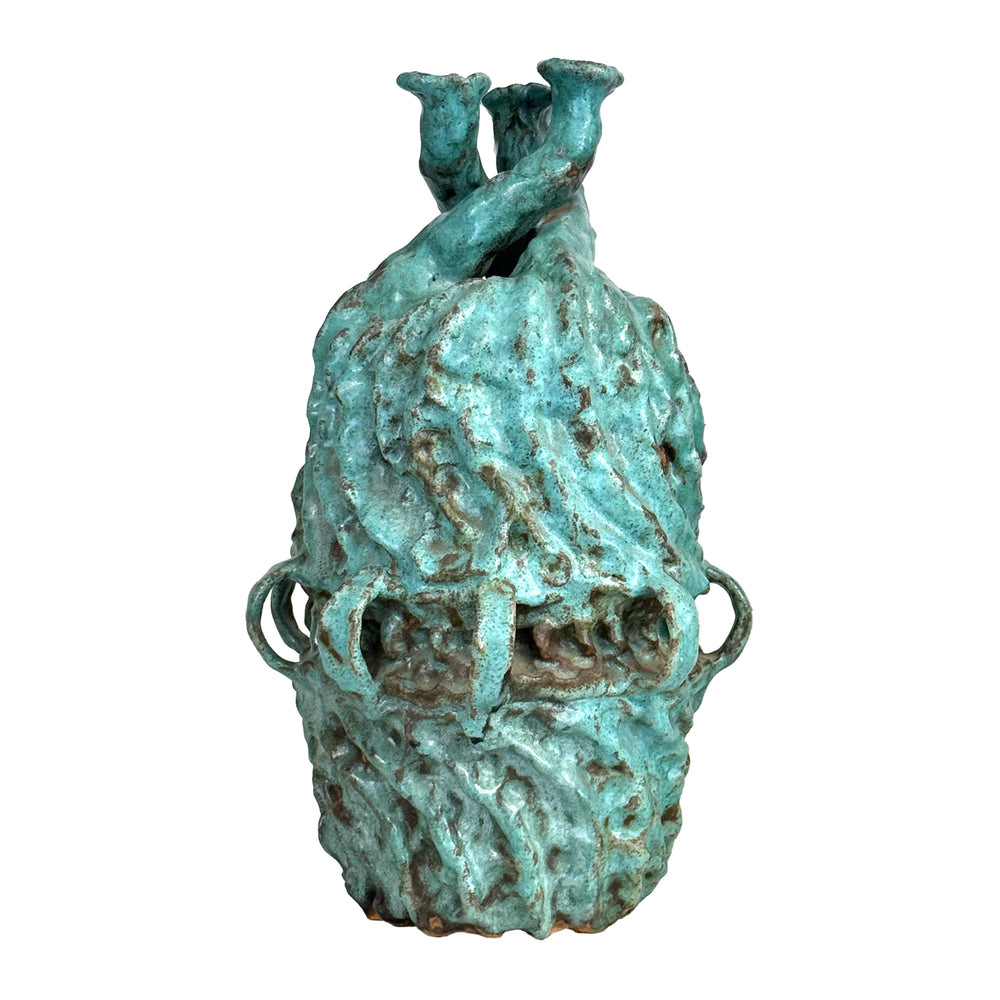 Large Studio Ceramic 3-Neck Vase with Mottled Blue-Green Glaze