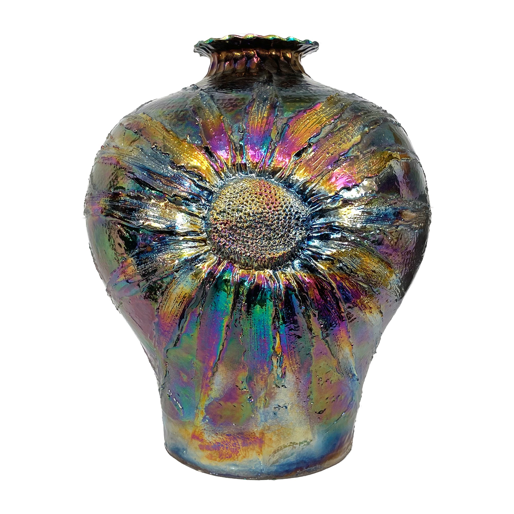 Large Studio Ceramic Sunflower Vase with Iridescent Glaze