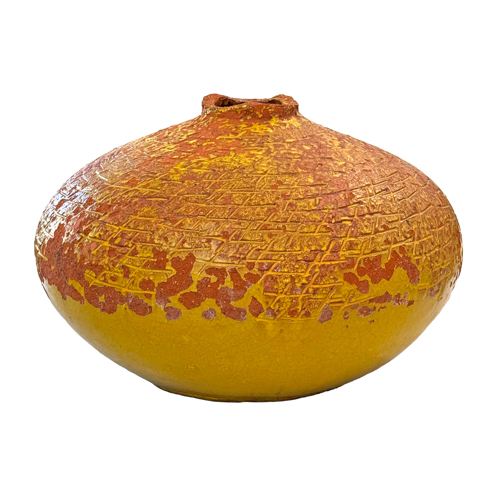 Large Terra Cotta Vessel with Mottled Mustard Glaze