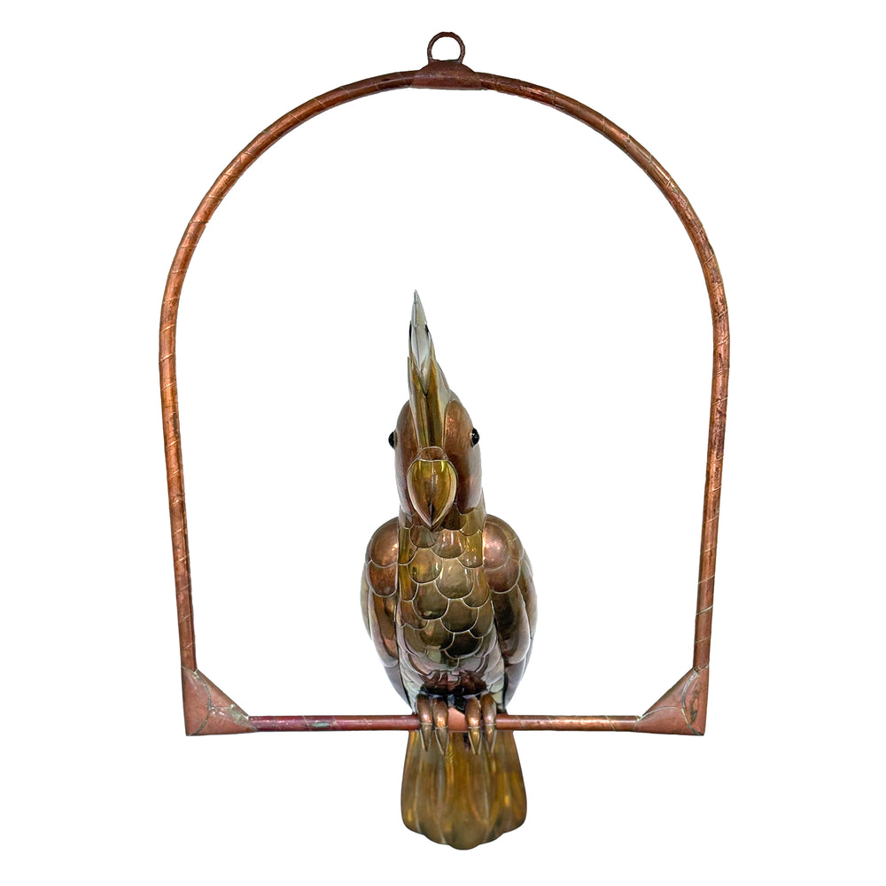 Mexican Mixed Metal Cockatoo on Hanging Perch Sculpture by Sergio Bustamante