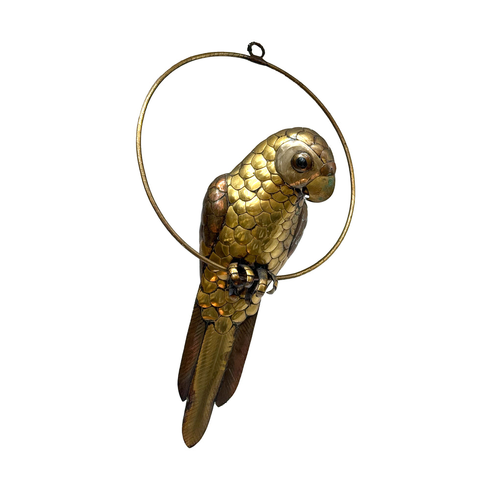 Mexican Mixed Metal Parrot on Hanging Perch Sculpture by Sergio Bustamante