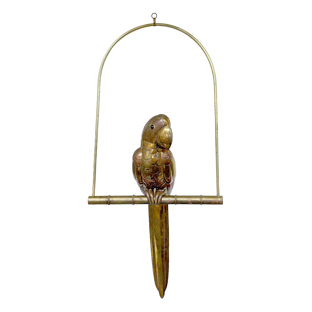 Mexican Mixed Metal Parrot on Hanging Perch Sculpture by Sergio Bustamante