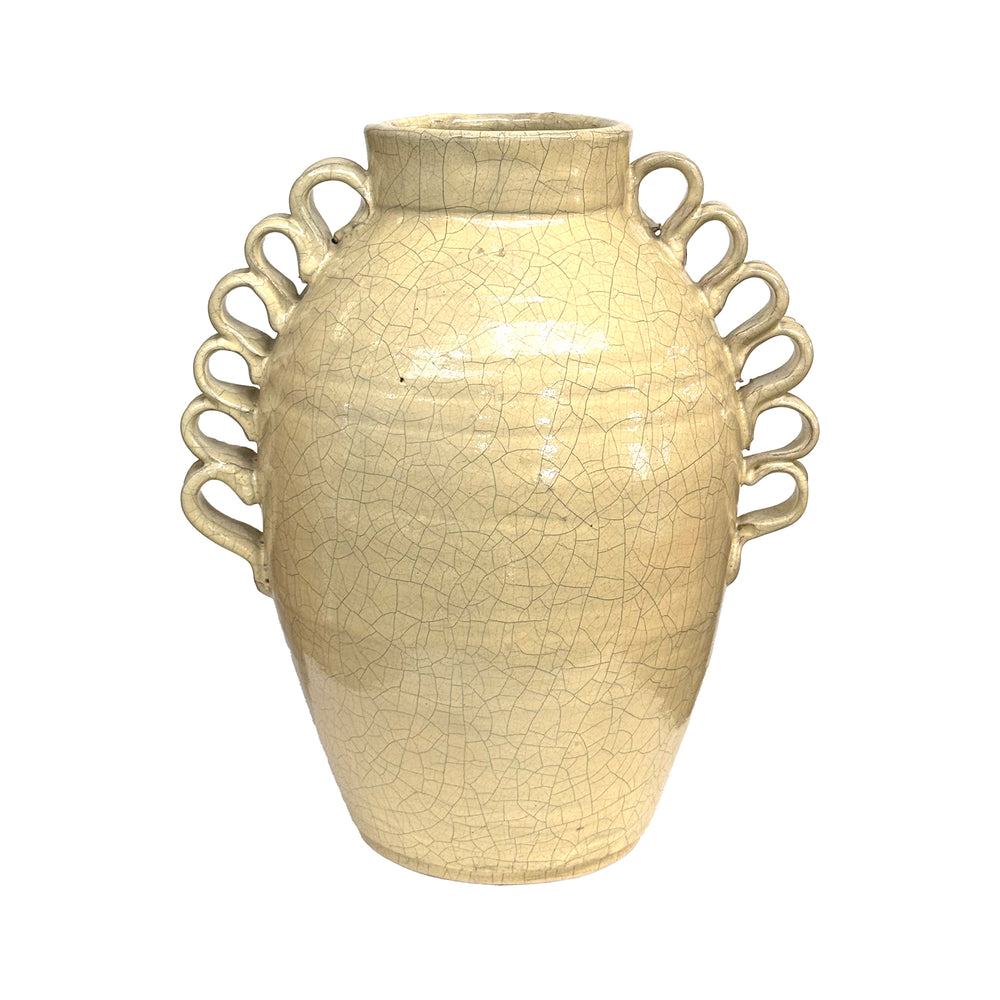 Mexican Studio Ceramic Crackle-Glaze Vase with Undulating Handle