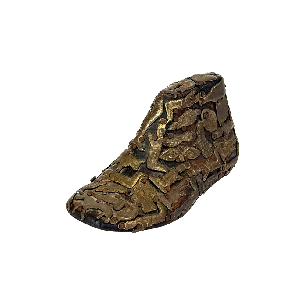 Mexican Wood Shoe Reliquary with Applied Brass Symbols