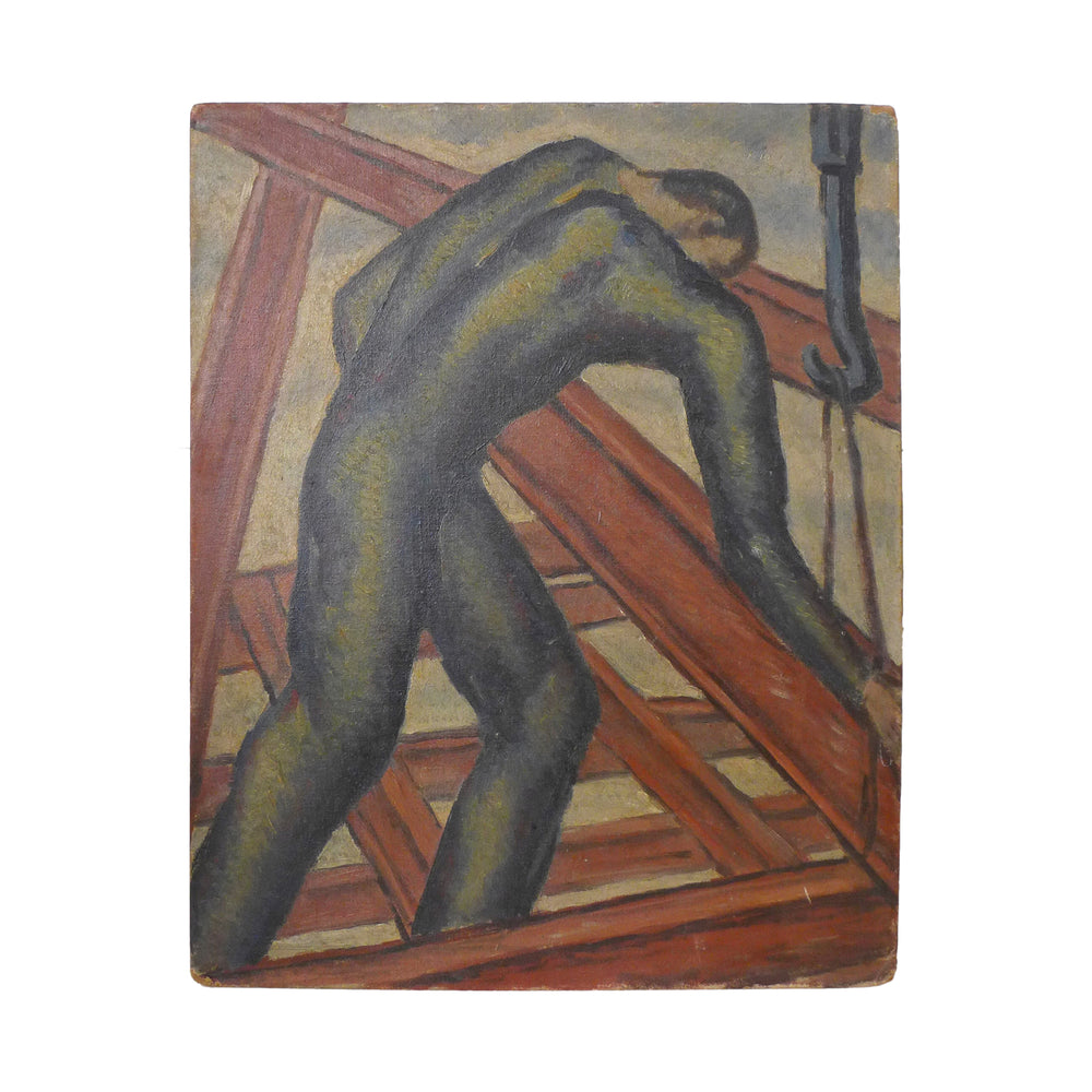 Modernist 1930s Italian Painting of Construction Worker on Board