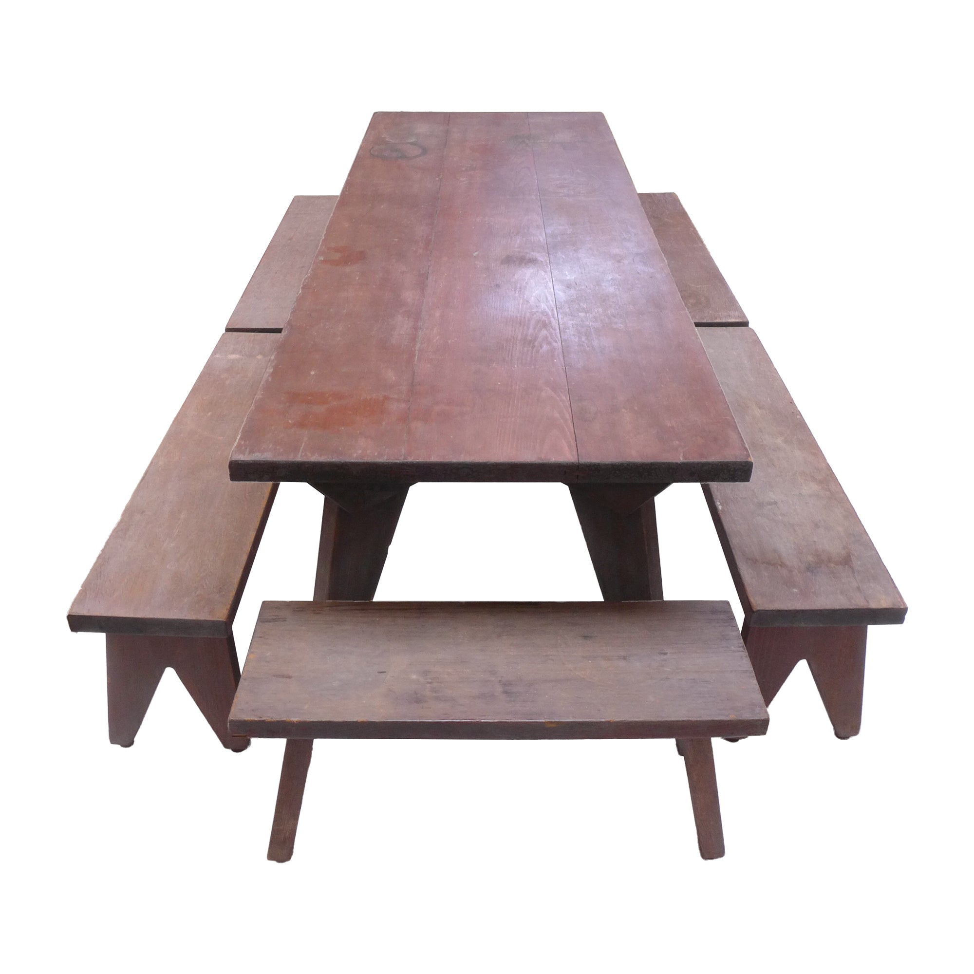 Modernist Outdoor Redwood Dining Table & Benches Set