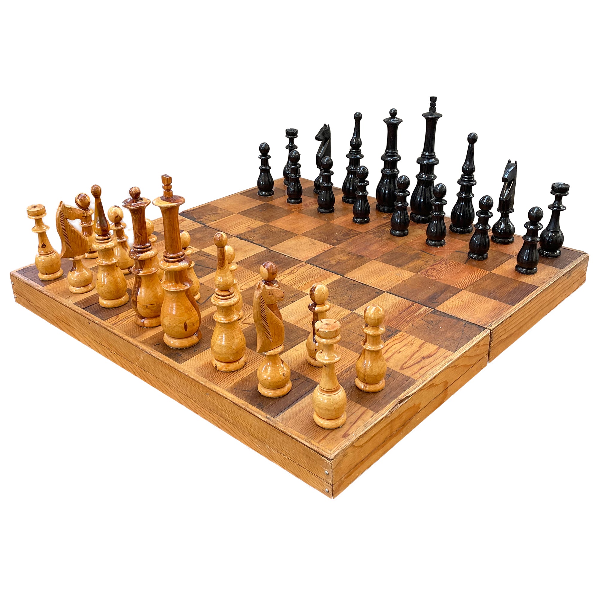 Oversized Carved Wood Chess Set with Hinged Board-Box