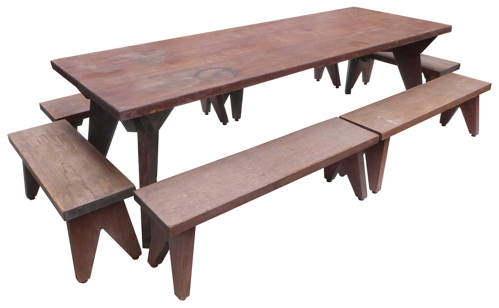 Modernist Outdoor Redwood Dining Table & Benches Set