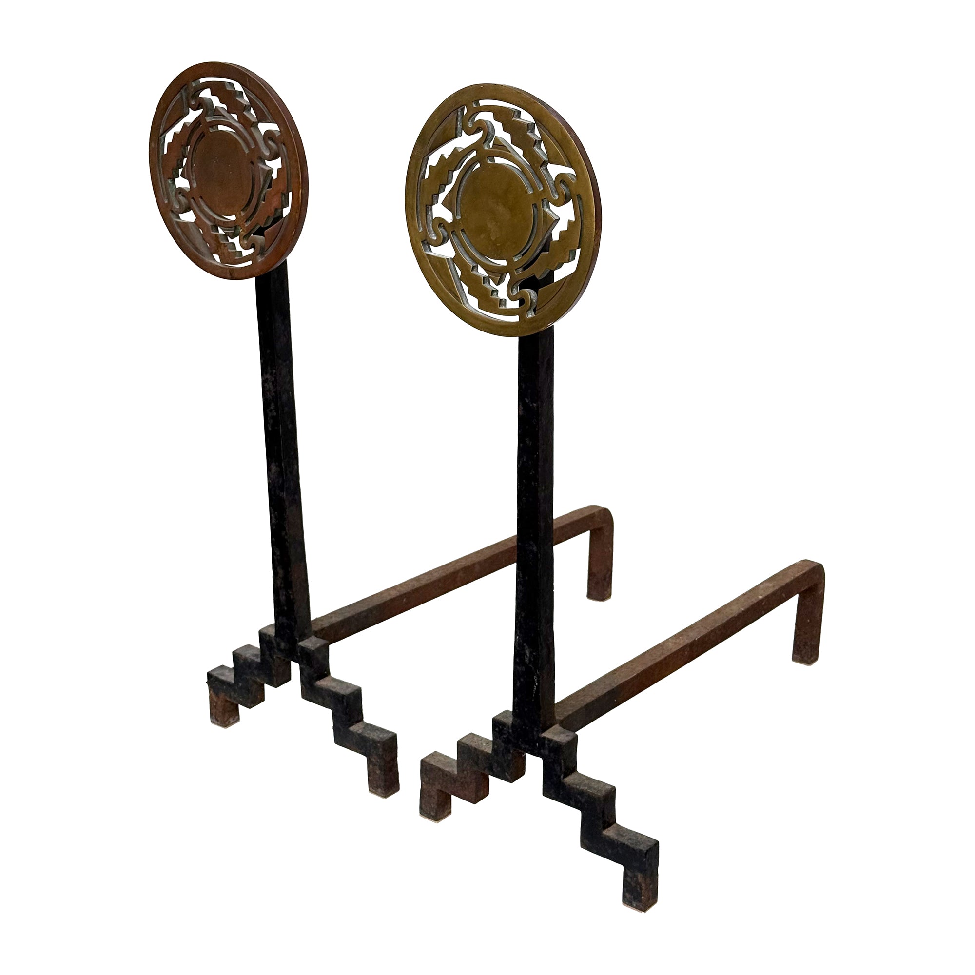 Pair of Sculptural Iron & Brass Andirons