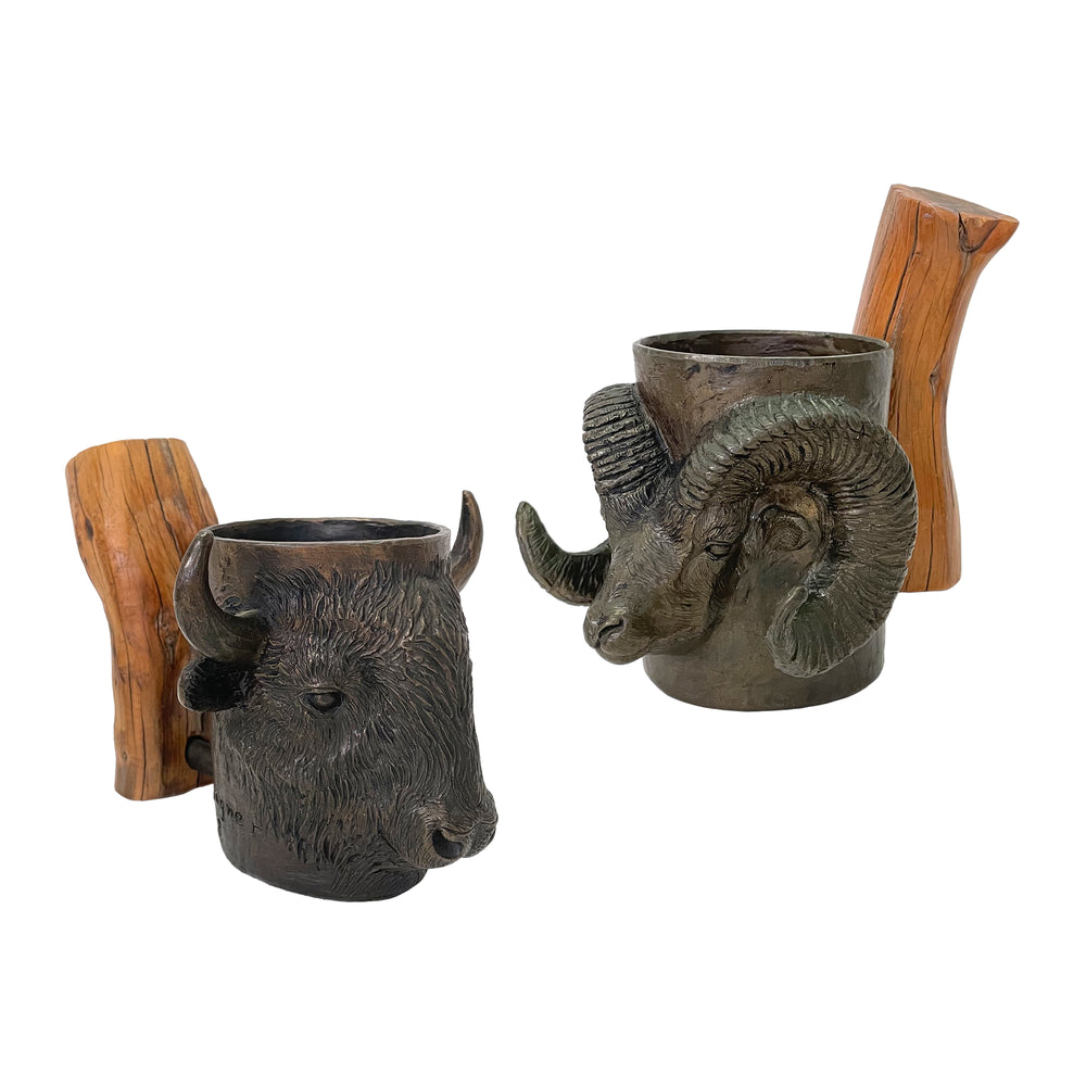 Pair of 1970s Zoomorphic Cast Bronze & Wood Mugs