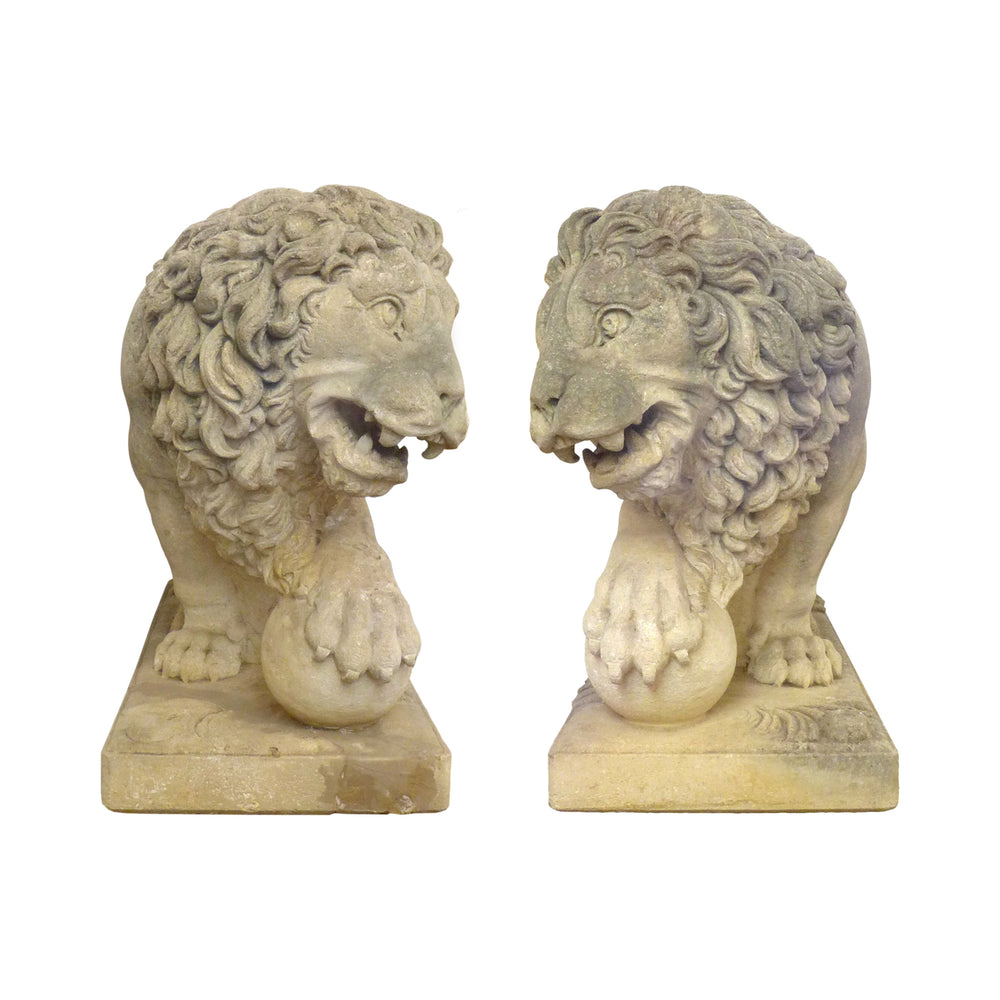 Pair of Carved Limestone Lion Statues